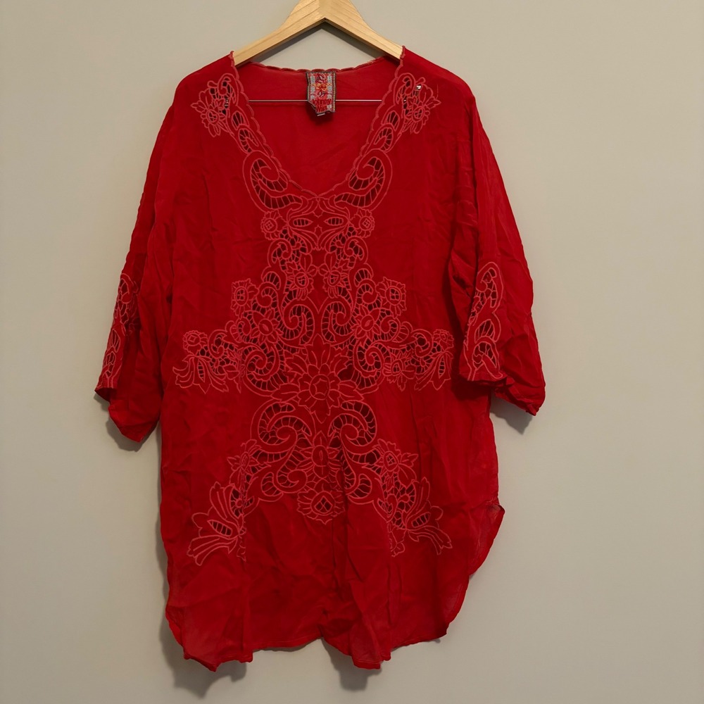 Johnny Was Red Embroidered Cut Out Eyelet Tunic Top XXL C27318-4 Boho Rayon